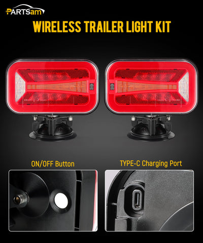 Image of Partsam Wireless LED Trailer Light Kit 4000mAh Battery, Portable Magnetic Rectangle Stop Turn Reverse License Towing Tail Lights w/Metal Bracket 7-Pin Plug for Trucks Trailers 12-24V IP67 Waterproof
