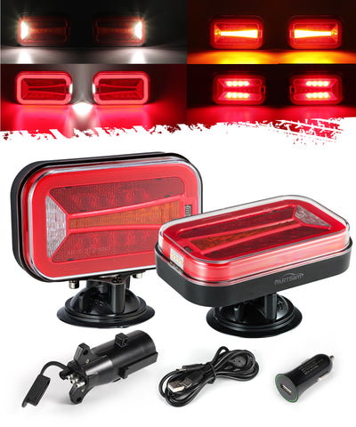 Image of Partsam Wireless LED Trailer Light Kit 4000mAh Battery, Portable Magnetic Rectangle Stop Turn Reverse License Towing Tail Lights w/Metal Bracket 7-Pin Plug for Trucks Trailers 12-24V IP67 Waterproof