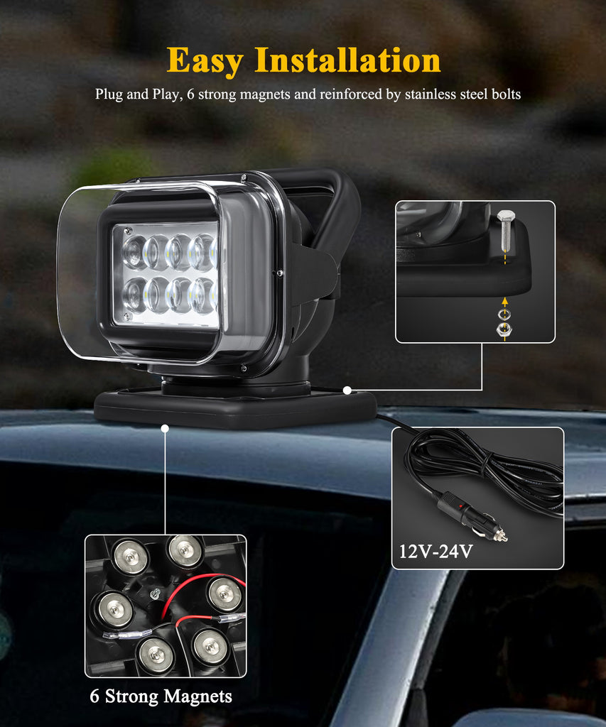 Partsam Remote Control LED Spotlight, Auto-Reset 360 Degree Rotating Searchlight for Off Road Pickup Trucks Marine Boat  Black