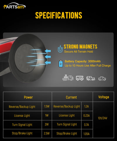 Image of Partsam Wireless LED Trailer Light Kit, Square Portable Magnetic Stop Turn Reverse License Towing Tail Lights w/Metal Bracket 7-Pin Plug for Trucks Trailers 12-24V IP67 Waterproof