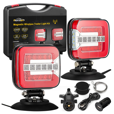 Image of Partsam Wireless LED Trailer Light Kit, Square Portable Magnetic Stop Turn Reverse License Towing Tail Lights w/Metal Bracket 7-Pin Plug for Trucks Trailers 12-24V IP67 Waterproof