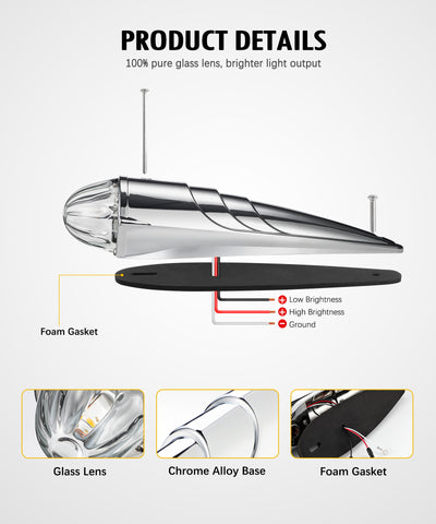 Image of Partsam Glass Watermelon Cab Lights Clear Lens Amber Torpedo LED Top Marker Hi/Low Beam Roof Turn Signal Lights with Die-Cast Chromium Alloy Base for Peterbilt Freightliner Mack Heavy Trucks (1PCS)