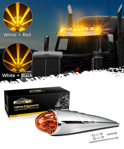 Image of Partsam Glass Watermelon Cab Lights Amber Torpedo LED Top Marker Hi/Low Beam Roof Running Turn Signal Lights with Die-Cast Chromium Alloy Base for Peterbilt Freightliner Mack Heavy Trucks (1PCS)