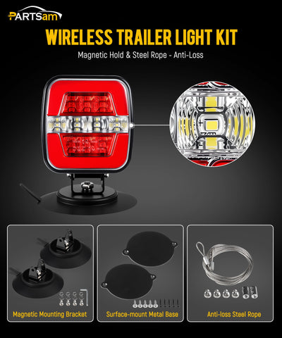 Image of Partsam Wireless Trailer Light Kit, Portable Magnetic LED Tow Lamp, Stop Brake Turn Reverse Towing Tail Lights w/Metal Base Suction Cup 7-Pin Plug for Trucks Trailers 12-24V IP67 Waterproof
