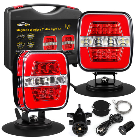 Image of Partsam Wireless Trailer Light Kit, Portable Magnetic LED Tow Lamp, Stop Brake Turn Reverse Towing Tail Lights w/Metal Base Suction Cup 7-Pin Plug for Trucks Trailers 12-24V IP67 Waterproof