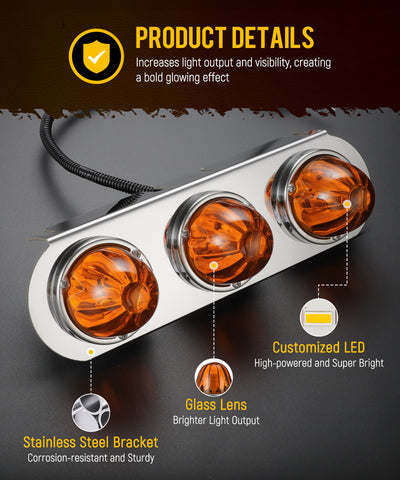 Image of Partsam 1Pcs Radius-Style 14" Front Air Cleaner Light Bar with 3Pcs Glass Watermelon Lights, Stainless Steel Bracket, Compatible with Peterbilt Kenworth Freightliner Trucks, Amber Lens