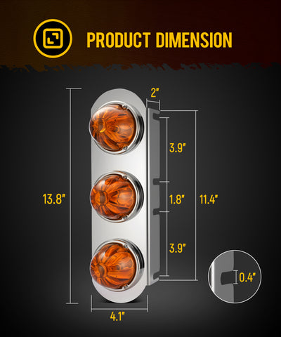 Image of Partsam 1Pcs Radius-Style 14" Front Air Cleaner Light Bar with 3Pcs Glass Watermelon Lights, Stainless Steel Bracket, Compatible with Peterbilt Kenworth Freightliner Trucks, Amber Lens