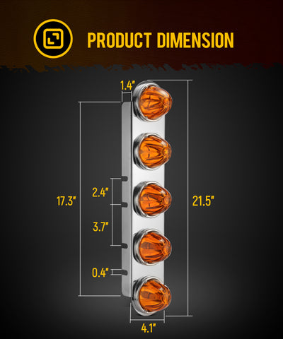 Image of Partsam 1 Pair Radius Style 21.5" Front Air Cleaner Light Bar with 5Pcs Glass Watermelon Lights, Stainless Steel Bracket, Amber Lens, Compatible with Peterbilt Kenworth Freightliner
