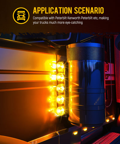 Image of Partsam 1 Pair Radius Style 21.5" Front Air Cleaner Light Bar with 5Pcs Glass Watermelon Lights, Stainless Steel Bracket, Amber Lens, Compatible with Peterbilt Kenworth Freightliner