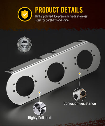 Image of Partsam 1 Pair 14“ Front Watermelon Air Cleaner Light Bar Brackets Compatible with Peterbilt Kenworth Freightliner, 3 Watermelon Light Cut-Outs, 304 Stainless Steel, Light Not Include