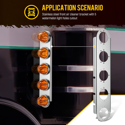Image of Partsam 1 Pair 21.5" Front Watermelon Air Cleaner Light Bar Bracekts Compatible with Peterbilt Kenworth Freightliner, 5 Watermelon Light Cut-Outs, 304 Stainless Steel, Light Not Include