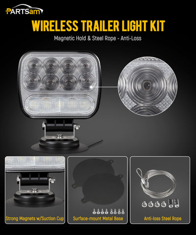 Image of Partsam Wireless LED Trailer Light Kit Magnetic Towing Tail Light Portable Universal Stop Turn Reverse Backup Smoked+Clear Lens w/ 7-Pin Plug Dual USB Charger for Trucks Trailers RVs 12-24V