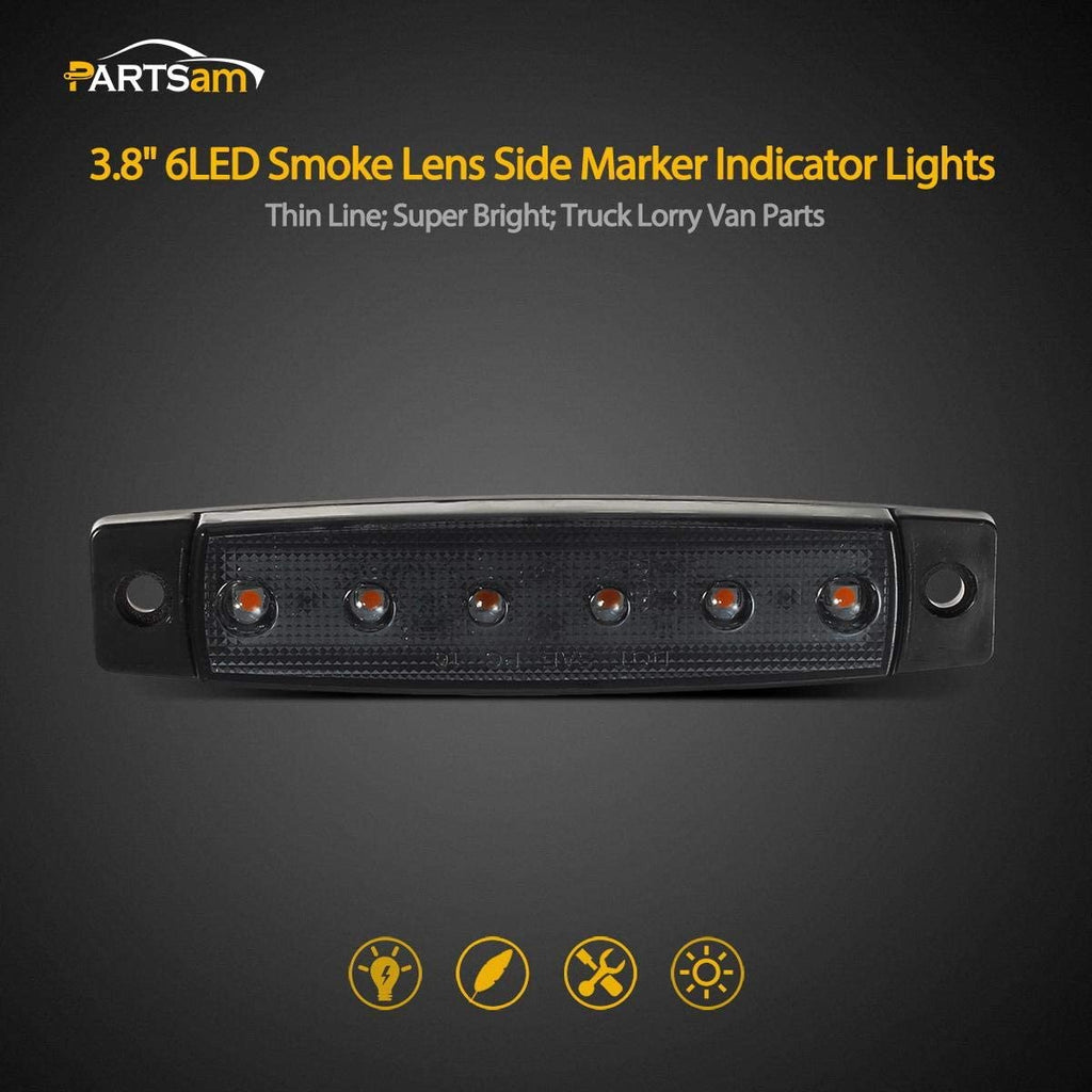 Partsam 10Pcs 3.8" Thin Amber Led Side Marker Clearance indicator Lights 6 LED Smoke Lens Waterproof 12V Trailer Lorry Van Led marker lights for trucks Sealed, Boat Marine Led Utility Strip Lights