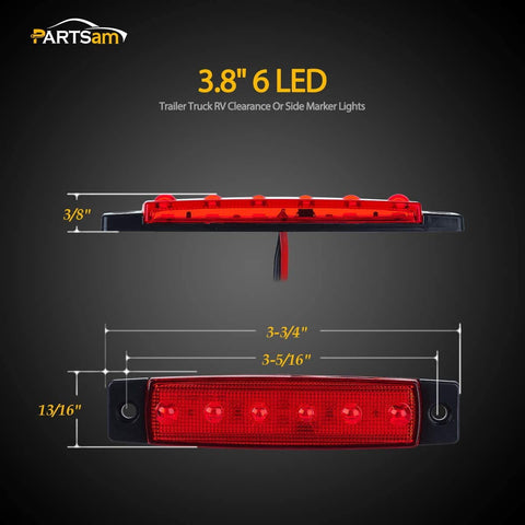 Image of Partsam 10Pcs Red 6 LED Side Marker Indicators Lights Rear Tail Light for Trailer Truck Lorry Camper RV, 3.8" Thin Clearance Thin lights, Marine Boat Utility Strip Light 12V