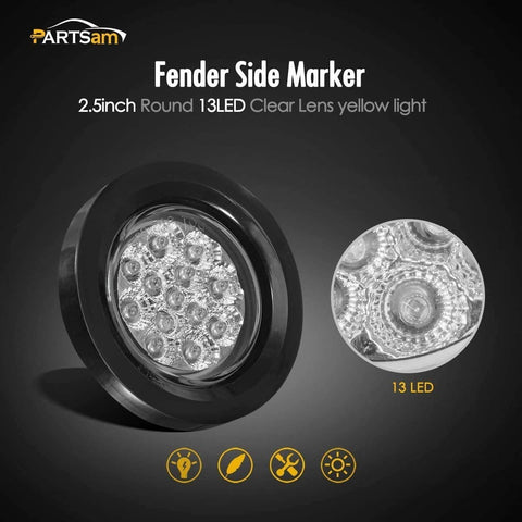 Image of Partsam 2 Pcs Clear Lens Amber LED 2.5" Round Clearance Side Marker Kits with Grommet and Wire Pigtail for Truck Trailer RV 12V