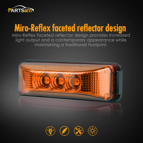 Image of Partsam 10pcs 3.9 inch Amber 3LED Side Marker Light Universal 12V 2 Wires Sealed Assembly, Thin line Faceted LED Trailer Truck Clearance or Side Marker Lights w Mini Reflectors
