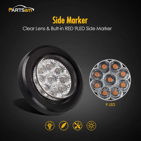 Image of Partsam Pair 2" Clear/Red Flush Mount Mini-Reflex Side Marker LED Light Truck RV Trailer 9LED w Grommet, Faceted Round Trailer Clearance Lights w Reflectors