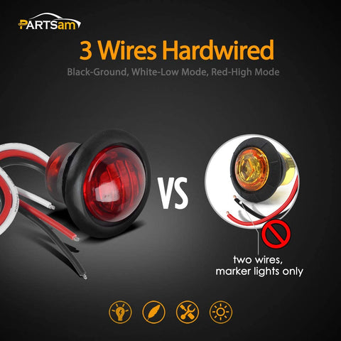 Image of Partsam 5pcs 3/4" Led Side Marker and Clearance Trailer Lights Air Dam Lights 3 wires Red 3 LED Sealed Auxiliary Stop Brake Tail Turn Signal lights Hardwired with Rubber Grommets