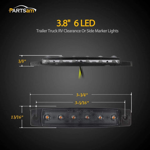 Image of Partsam 10Pcs 3.8" Thin Amber Led Side Marker Clearance indicator Lights 6 LED Smoke Lens Waterproof 12V Trailer Lorry Van Led marker lights for trucks Sealed, Boat Marine Led Utility Strip Lights