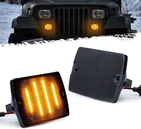 Image of Partsam 2Pcs Front Turn Signal Lights Lamps Assembly Amber 24LED Signal Light w/White DRL Compatible with Wrangler YJ 1987-1993 with 3157 Plug, Smoke Lens