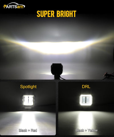 Image of Partsam 3 Inch White Pods Light With DRL 2 Modes 16W Waterproof Cubes Offroad Work Cree LED Pods Spot Flood Ditch Fog Lights for Pickup Truck SUV ATV UTV Boat Forklift 4x4 Motorcycle, Pack of 2