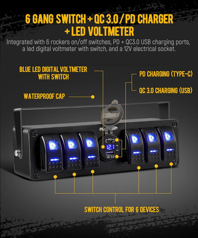 Image of Partsam 6 Gang Rocker Switch Panel Box12V-24V Aluminum Boat Marine Toggle Switch with USB and Type C Charger Voltmeter w/Fuses Waterproof Gasket for Car Pickup RV Van SUV UVT ATV