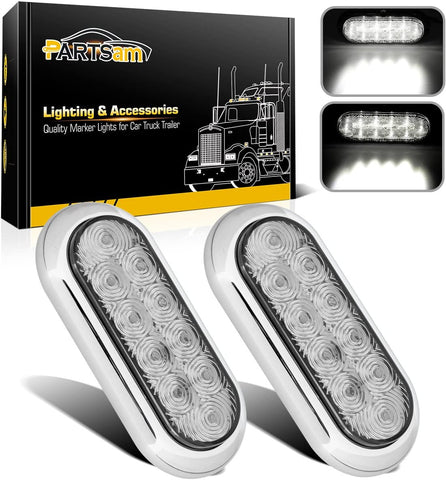 Image of artsam 2x 6 Oval White Led Trailer Lights 10 LED Clear Lens Oblong Led Trailer Truck Reverse Backup Light Flange Mount Stop Turn Tail Lights w/Chrome Bezels Waterproof Surface Mount 12V