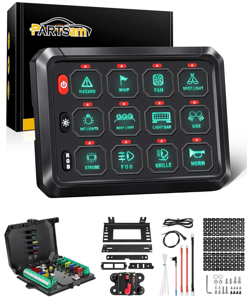 Partsam 5.5 Inch RGB 12 Gang Switch Panel, 3 Silicone Button 5 Brightness Levels Multifunction Toggle Switch Button Auxiliary Circuit Control Box Electronic Relay for Truck RV ATV UTV Boat