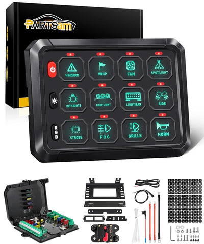 Image of Partsam 5.5 Inch RGB 12 Gang Switch Panel, 3 Silicone Button 5 Brightness Levels Multifunction Toggle Switch Button Auxiliary Circuit Control Box Electronic Relay for Truck RV ATV UTV Boat