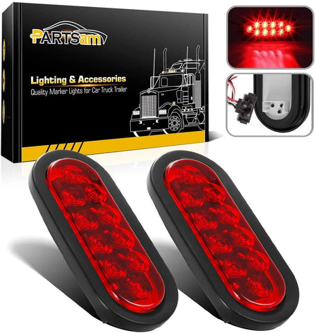 Image of Partsam 2Pcs 6 Inch Oval Trailer Tail Lights Red 10 LED, 6" Inch Red Oval Led Stop Turn Tail Lights Sealed with Lights, Grommets and Wire Pigtails for Truck Trailer (Turn, Stop, Brake and Tail Light)