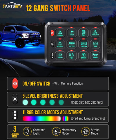 Image of Partsam 5.5 Inch RGB 12 Gang Switch Panel, 3 Silicone Button 5 Brightness Levels Multifunction Toggle Switch Button Auxiliary Circuit Control Box Electronic Relay for Truck RV ATV UTV Boat