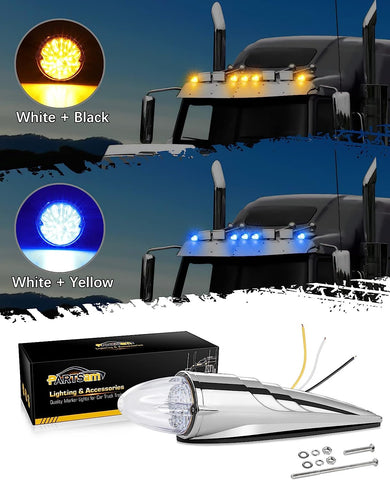 Image of Partsam Cab Light, 1Pc 30 LED Dual Color Chrome Torpedo Cab Marker Roof Running Top Light, Heavy Duty International Truck Replacement, for Kenworth/Peterbilt/Freightliner/Mack (Amber/Blue)