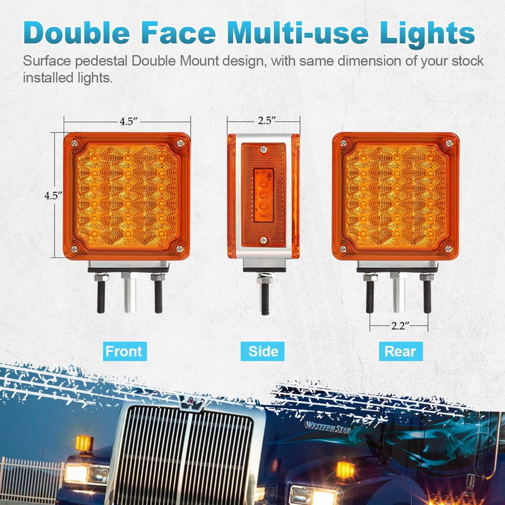 Partsam LED Pedestal Lights Amber/Amber Double Face 39 LED Turn Signal Lights Stud Mount Fender Lights Side Marker Lights for Heavy Truck Trailer Freightliner Peterbilt Kenworth Mack Western Star