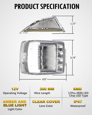 Image of Partsam Cab Light, 5Pc 17LED Dual Color Square Cab Marker Roof Running Top Light, Waterproof Top Reflective Lights Compatible with Kenworth/Peterbilt/Freightliner/Mack (Amber/Blue)