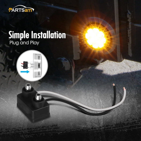 Image of Partsam 2 Pcs Sealed Mini-Flex 2.5" Round LED Side Marker Clearance or ID Light 13 Diodes, Faceted Amber Clear Lens Trailer Truck Sidelights Round Led Lights