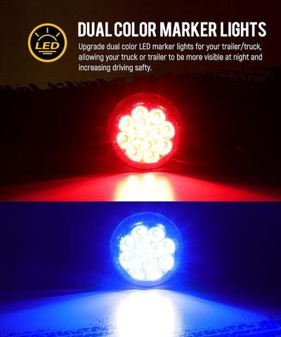 Image of Partsam 10Pcs Dual Color 2.5 inch Round LED Marker Light, Red Side Marker Clearance Lights to Blue Auxiliary Lights for Trailer Truck Pickup Camper RV, Clear Lens,12V, Waterproof