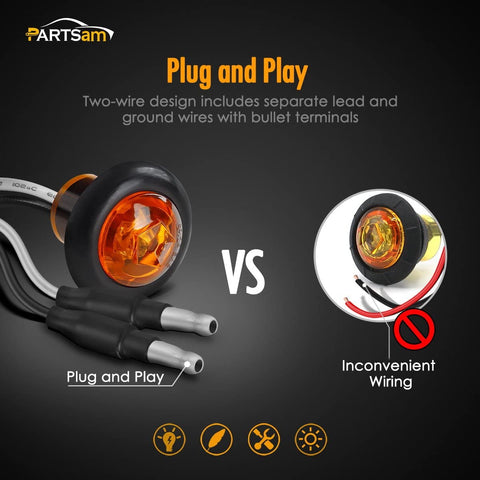 Image of Partsam 20x Amber Side Marker Light Clearance Light LED Amber with Plug, Sealed Mini Round 3/4" Inch Trailer Truck Led Marker Lights w Rubber Grommet Hot Spot