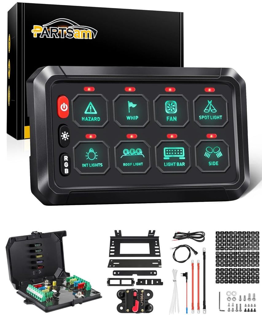 Partsam 5.5 Inch RGB 8 Gang Switch Panel, 3 Silicone Button 5 Brightness Levels Multifunction Toggle Switch Button Auxiliary Circuit Control Box Electronic Relay for Truck RV ATV UTV Boat
