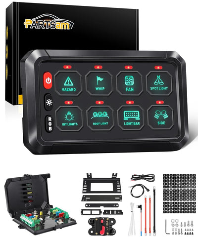 Image of Partsam 5.5 Inch RGB 8 Gang Switch Panel, 3 Silicone Button 5 Brightness Levels Multifunction Toggle Switch Button Auxiliary Circuit Control Box Electronic Relay for Truck RV ATV UTV Boat