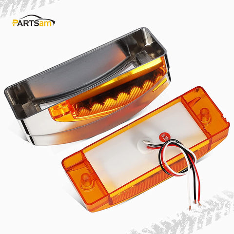 Image of Partsam 2Pcs 2" x 6" Rectangular Trailer Marker LED Lights 21 Diodes with Chrome Plastic Light Bezel w/Visors, Amber 6" x 2" Rectangular LED Marker Lights/Turn Signal lights Surface Mount
