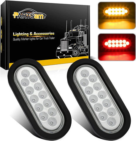 Image of Partsam 2Pcs 6.7 Inch Oval Red Stop Turn Tail Lights to Amber Strobe Lights Kit 12 Diodes w/Rubber Grommets & 3-Prong Wire Pigtails, Red/Amber Oval Led Truck Trailer Tail Lights and Indicator Lights
