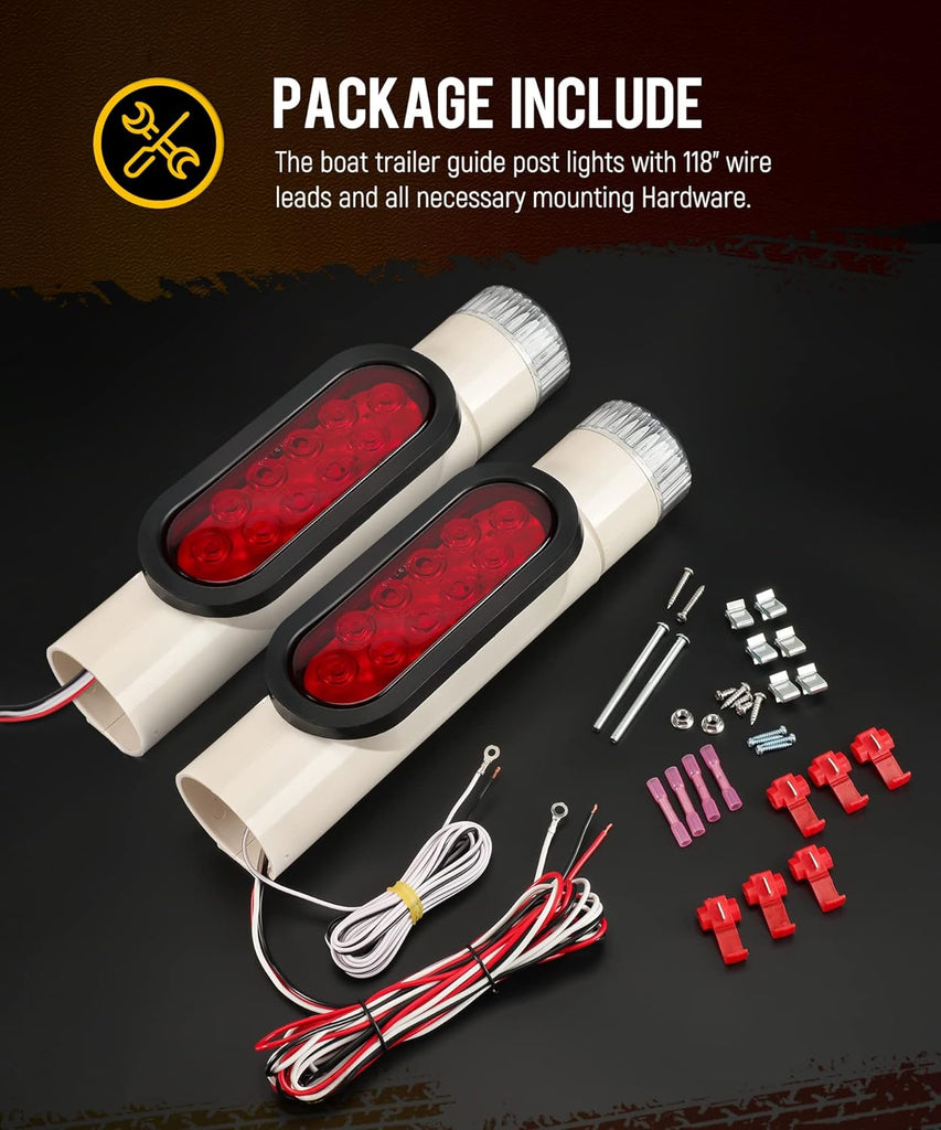 Partsam 2pcs Boat Trailer Guide on Post Pipe Light Set, IP67 Waterproof Boat Trailer Guide Pole Lights, Boat Trailer Turn Signal Brake Tail Lights 12V