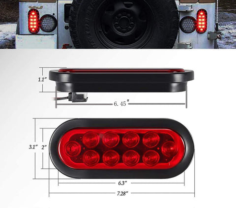 Image of Partsam 2Pcs 6 Inch Oval Trailer Tail Lights Red 10 LED, 6" Inch Red Oval Led Stop Turn Tail Lights Sealed with Lights, Grommets and Wire Pigtails for Truck Trailer (Turn, Stop, Brake and Tail Light)