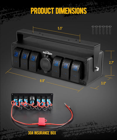 Image of Partsam 6 Gang Rocker Switch Panel Box12V-24V Aluminum Boat Marine Toggle Switch with USB and Type C Charger Voltmeter w/Fuses Waterproof Gasket for Car Pickup RV Van SUV UVT ATV