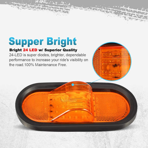 Image of Partsam 4pcs 6" Mid Turn Signal Amber Marker Light Rubber Mount 24 LED w/Reflex Lens Universal Sealed Amber LED 6" Oval Truck Semi Trailer Mid-Ship Marker and Turn Signal Lights Reflectorized