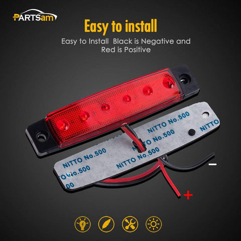 Image of Partsam 10Pcs Red 6 LED Side Marker Indicators Lights Rear Tail Light for Trailer Truck Lorry Camper RV, 3.8" Thin Clearance Thin lights, Marine Boat Utility Strip Light 12V