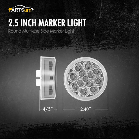 Image of Partsam 2 Pcs Sealed Mini-Flex 2.5" Round LED Side Marker Clearance or ID Light 13 Diodes, Faceted Amber Clear Lens Trailer Truck Sidelights Round Led Lights