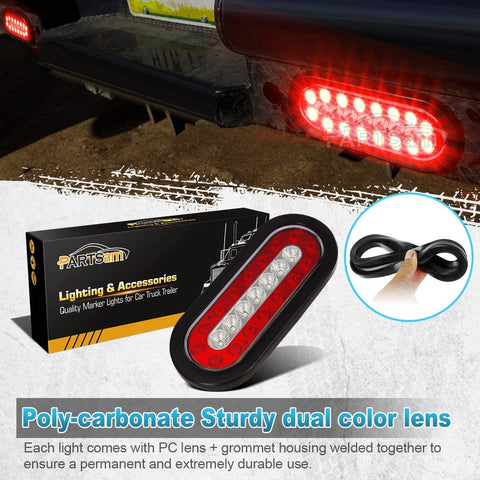 Image of Partsam 2Pcs 6.3" inch Oval Truck Trailer Led Tail Stop Brake Lights Taillights Running Red and White Backup Reverse Lights, Sealed 6.3 inch Oval led Trailer Tail Lights w reflectors Flush Mount