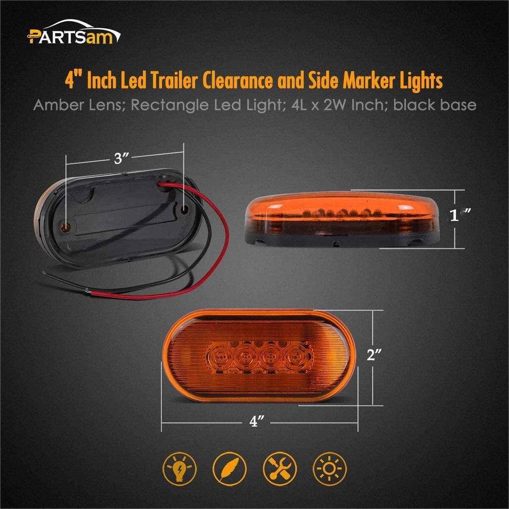 Partsam 4pcs Amber 10LED Side Marker Clearance Light for Trailer Truck RV Camper, 4 inch, 4x2 Rectangular Rectangle Led Lights Identification Lights 12V