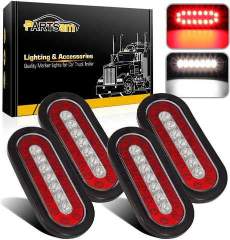 Image of Partsam 4Pcs 6.3" Inch Oval Led Trailer Taillights Stop Brake Lights Running Red and White Backup and Reverse Lights, Sealed 6.3 inch Oval led Trailer Lights Kit Grommet Mount for RV Trucks